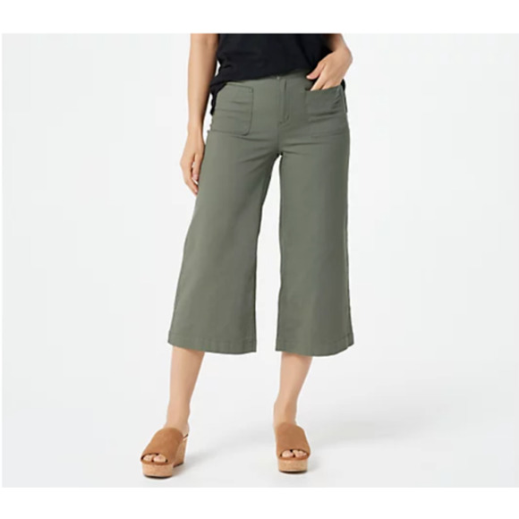 DENIM & CO. NEW $54 Cotton Canvas Wide Leg Crop Pant Dark Olive Size 2 - Picture 1 of 3